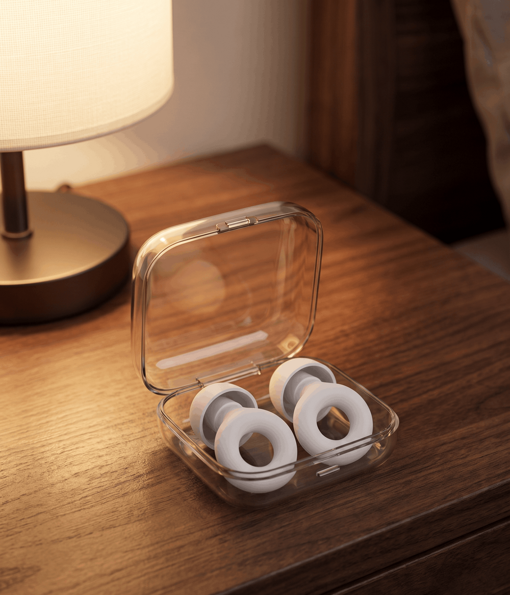Hush sleep earplugs in white resting in an open case